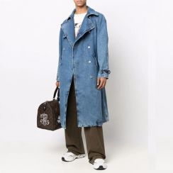 2Pcs Long Sleeve Belted Waist Double Breasted Denim Trench Coat Men